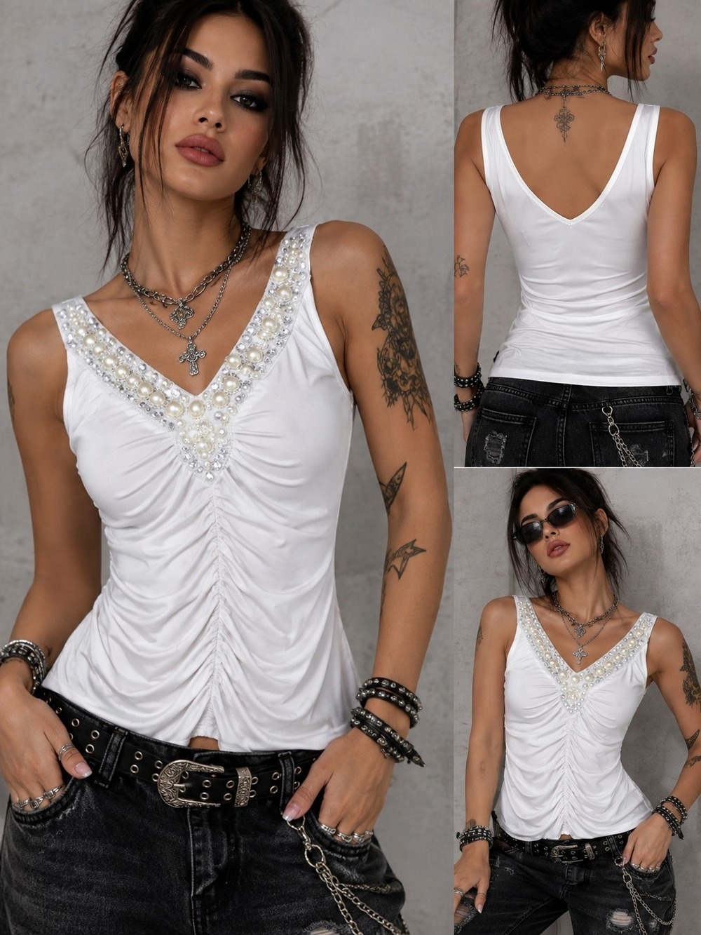 Body Central White Ruched Pearl Rhinestone Top Y2K Party Clubwear